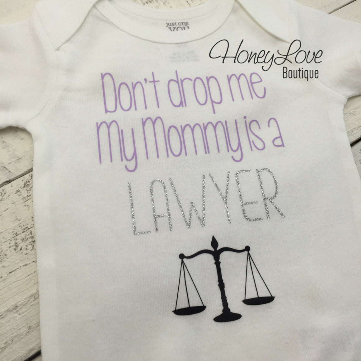 Don't drop me My Mommy is a LAWYER - lavender, silver glitter and black - HoneyLoveBoutique