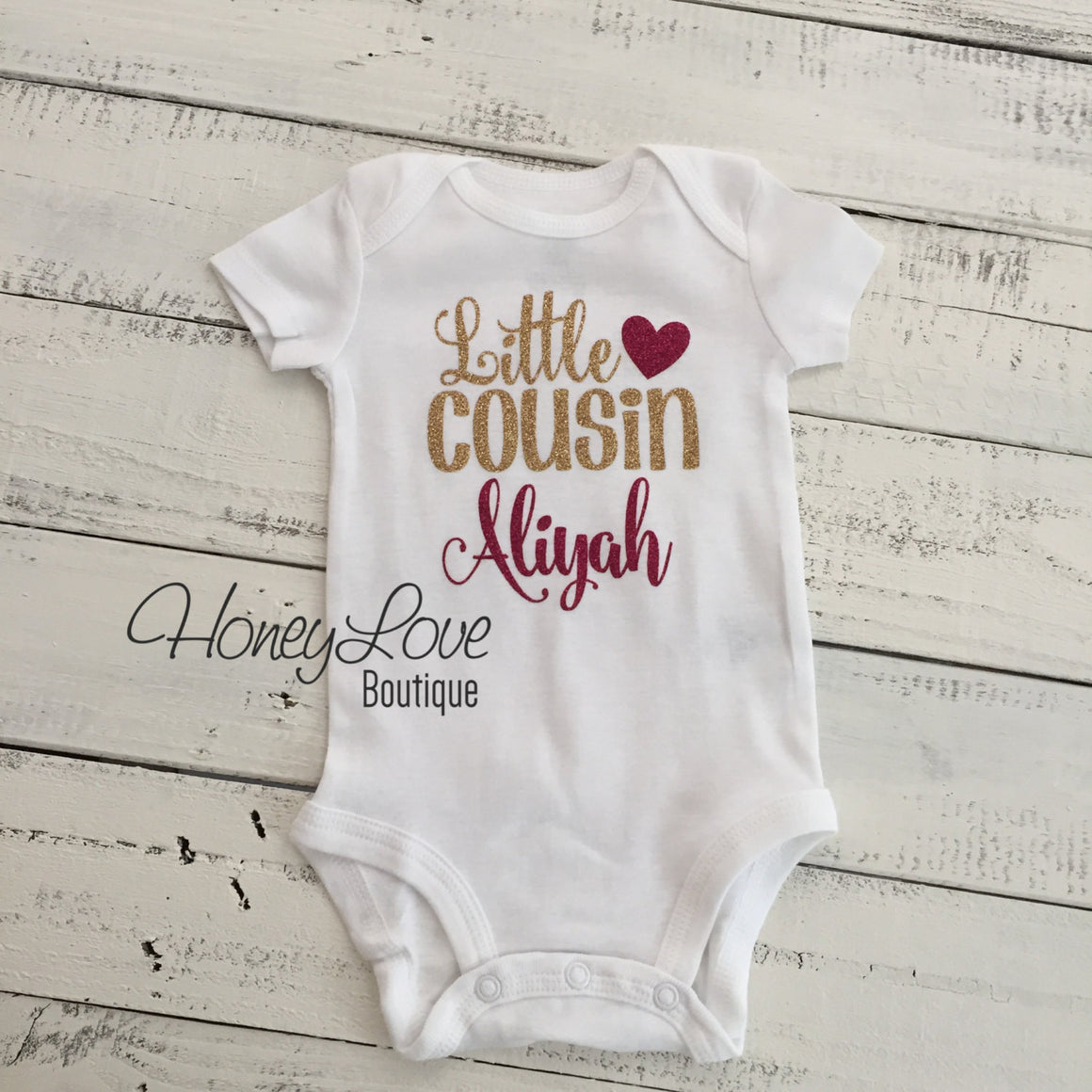 PERSONALIZED Cousin Bodysuits and Shirts - Gold Gllitter and Dark Pink Glitter - HoneyLoveBoutique