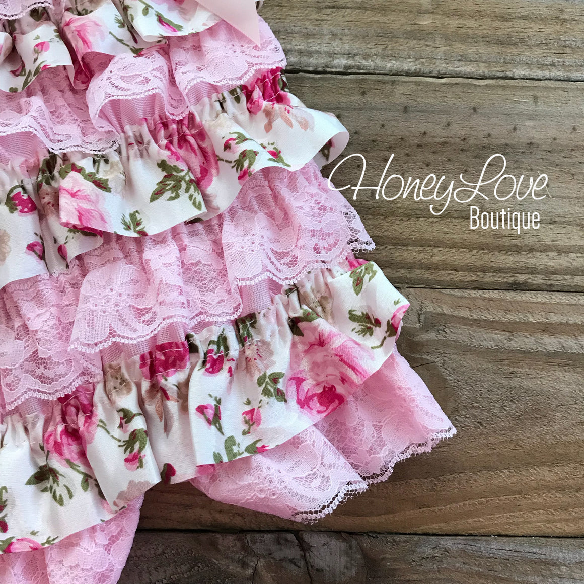 Satin & Lace Petti Romper - Pink and Floral  - with pink flower embellishment - HoneyLoveBoutique