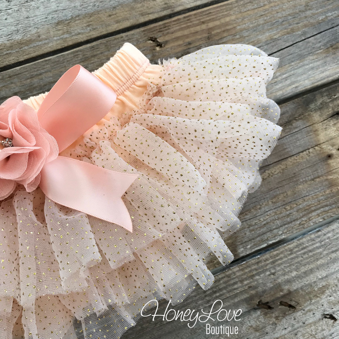 Peach and Gold glitter tutu skirt bloomers and tiara headband - embellished bloomers - HoneyLoveBoutique