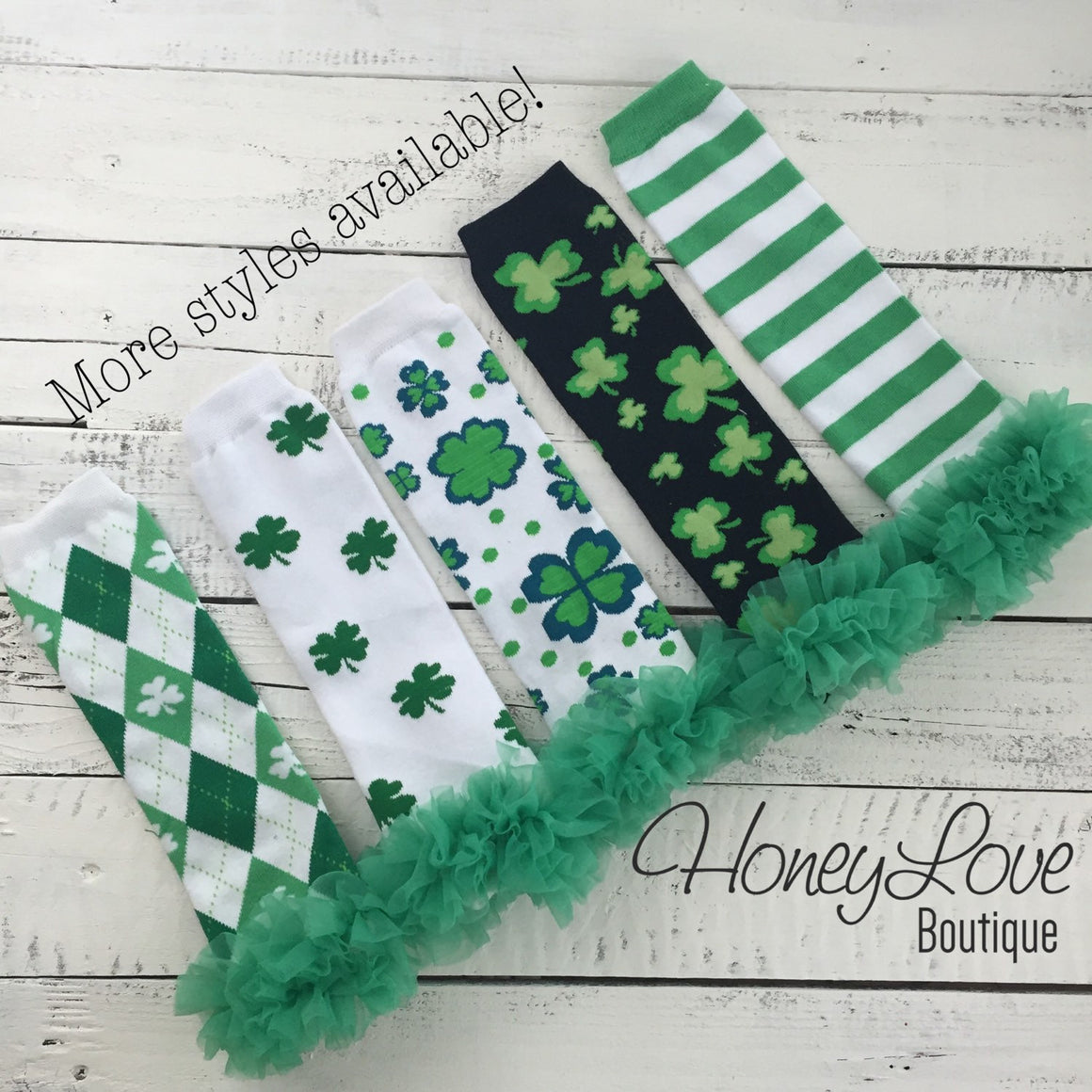 St. Patrick's Day Green/White//Stripe Shamrock leg warmers with green ruffles - HoneyLoveBoutique