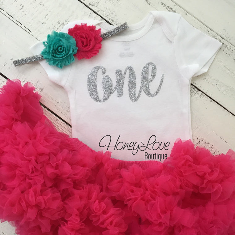 One - Birthday Outfit - Silver or Gold and watermelon pink/turquoise - HoneyLoveBoutique