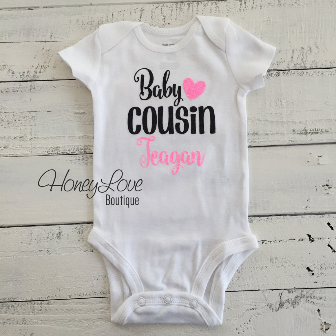 PERSONALIZED Cousin Bodysuits and Shirts - Black and Neon Pink Glitter - HoneyLoveBoutique