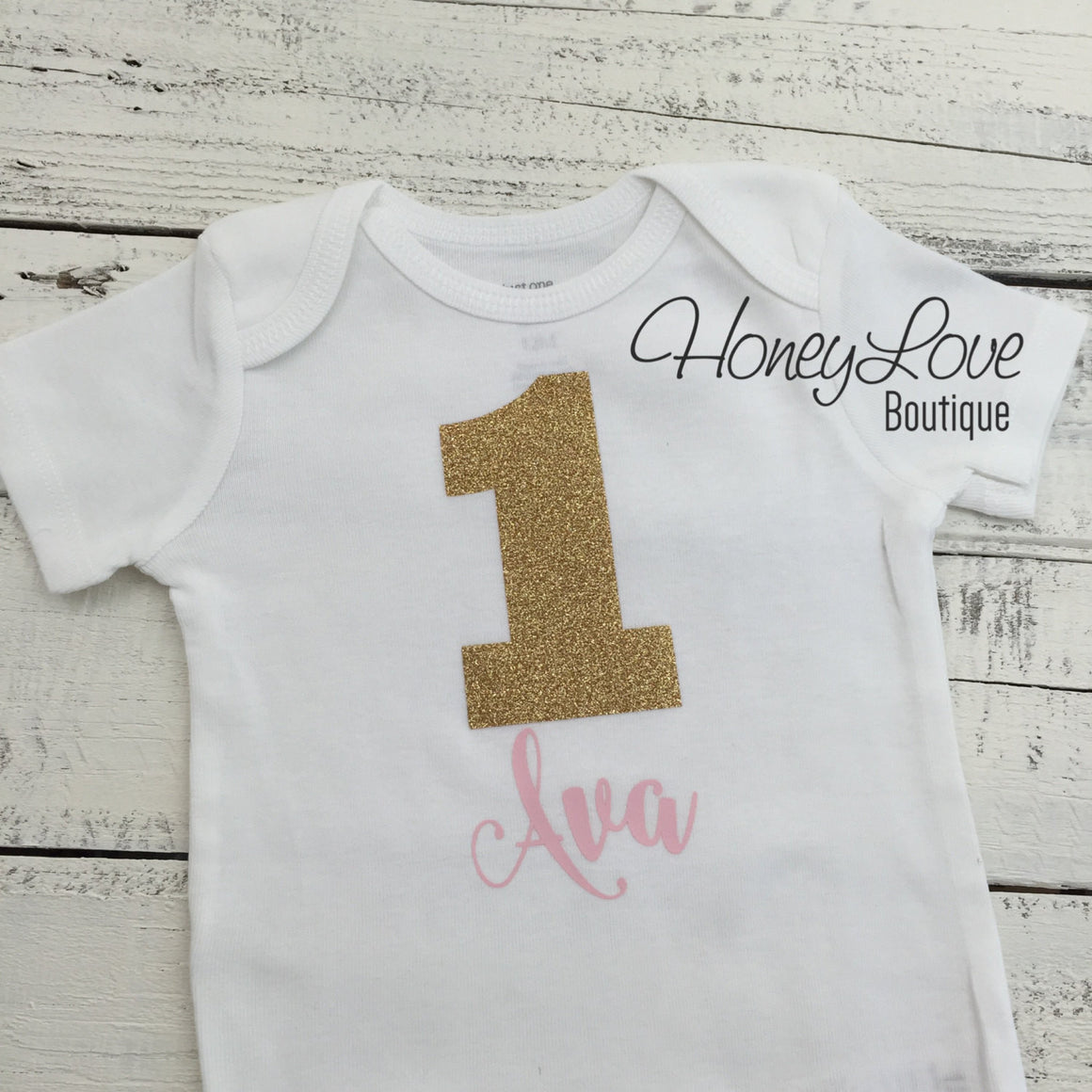 Personalized Name 1st Birthday Bodysuit - Gold Glitter and Light Pink - HoneyLoveBoutique