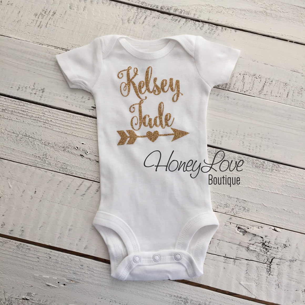Personalized Name Arrow/Heart Bodysuit - Silver/Gold - HoneyLoveBoutique