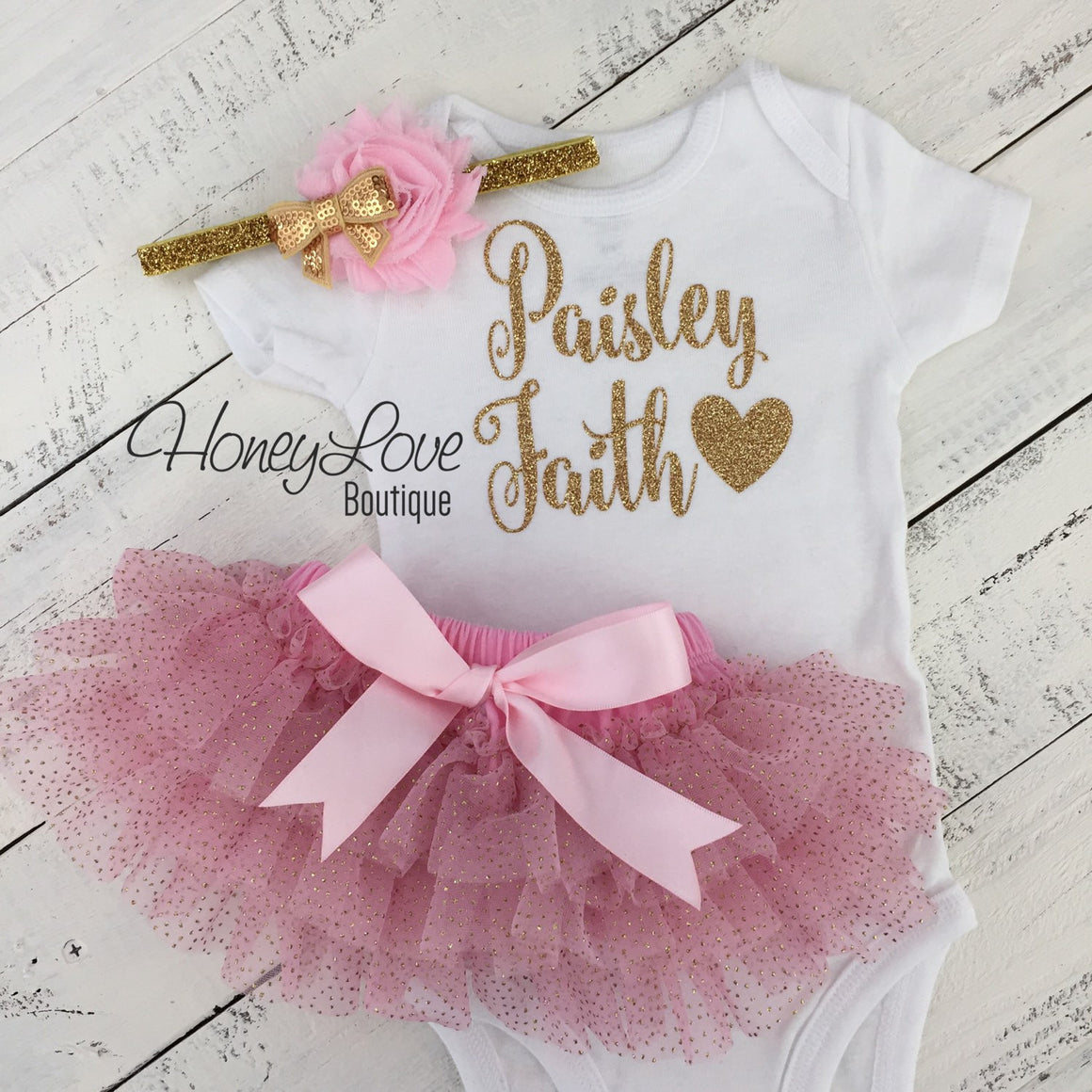 PERSONALIZED Name Outfit - Light Pink and Gold Glitter - HoneyLoveBoutique