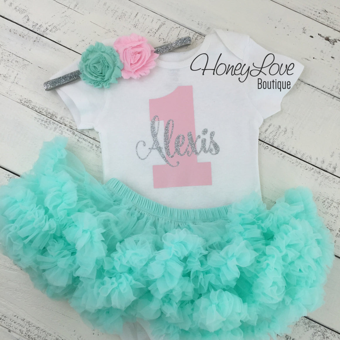 Personalized 1st Birthday outfit - Silver Glitter, Light pink, and Mint/Aqua - HoneyLoveBoutique