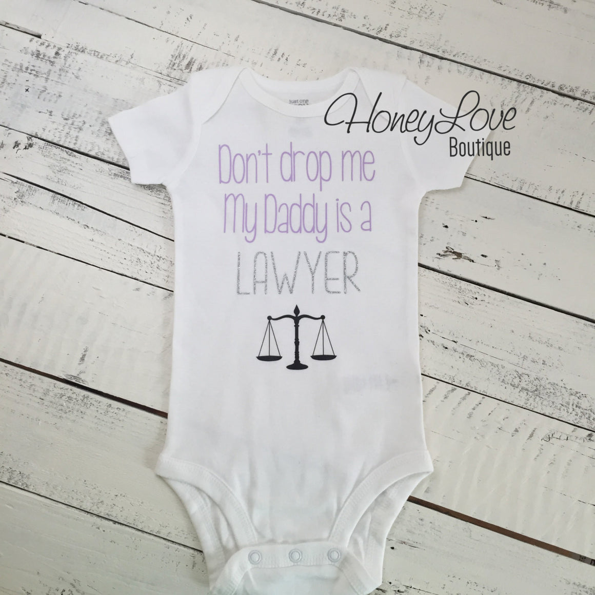 Don't drop me My Daddy is a LAWYER bodysuit - lavender, silver glitter and black - HoneyLoveBoutique