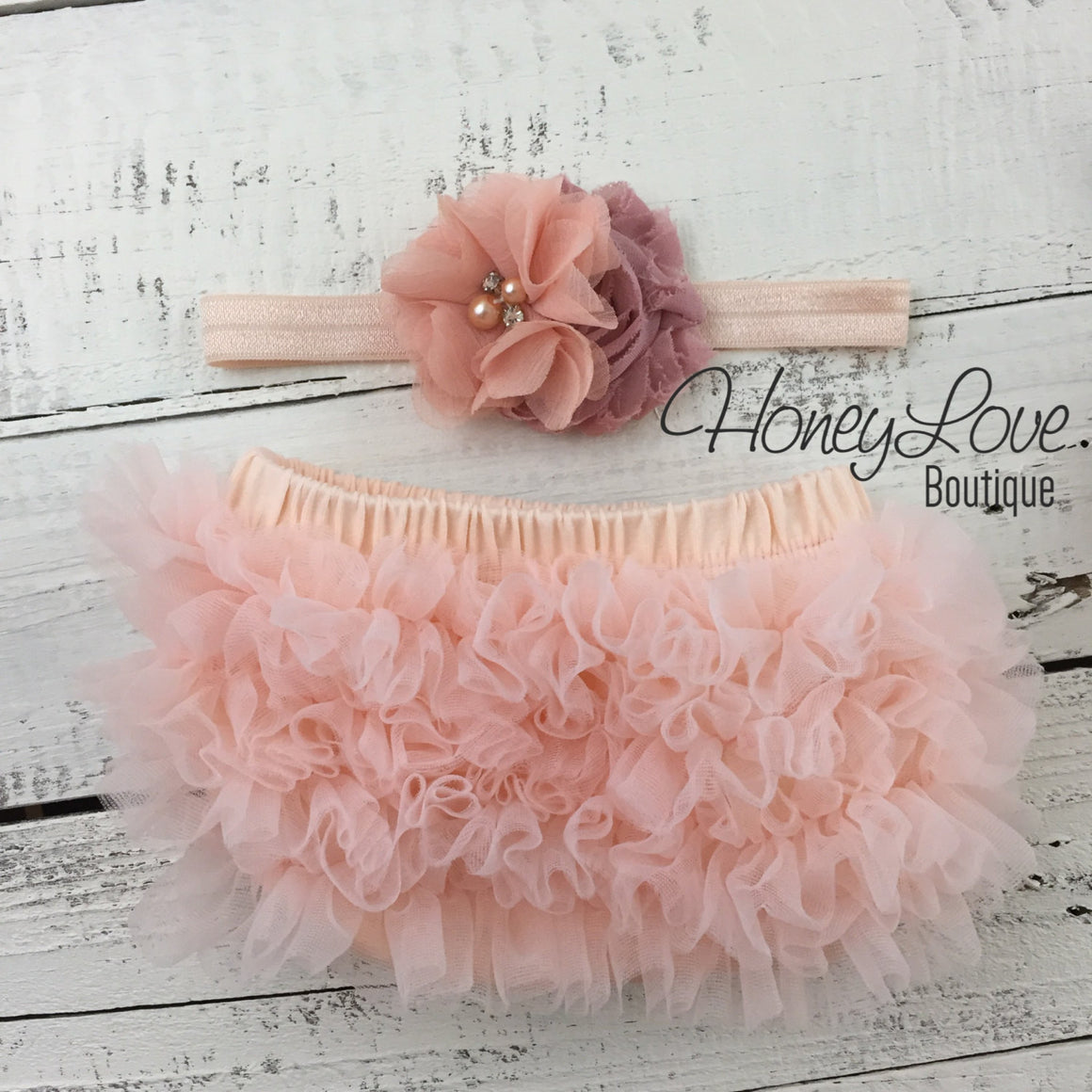 TWIN GIRLS! Peach and Vintage Pink ruffle bottom bloomers and matching headbands - HoneyLoveBoutique