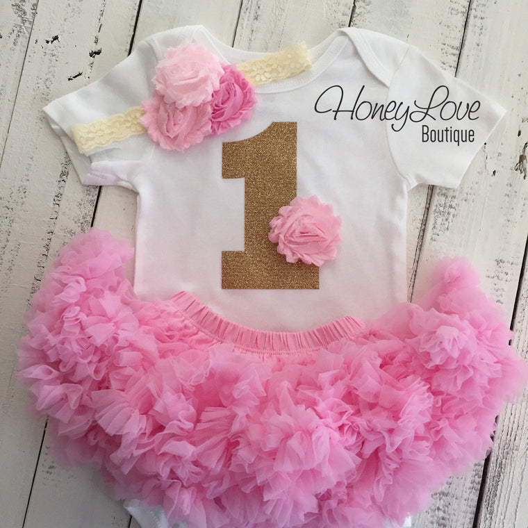 1st Birthday Outfit - Light Pink and Gold glitter - HoneyLoveBoutique