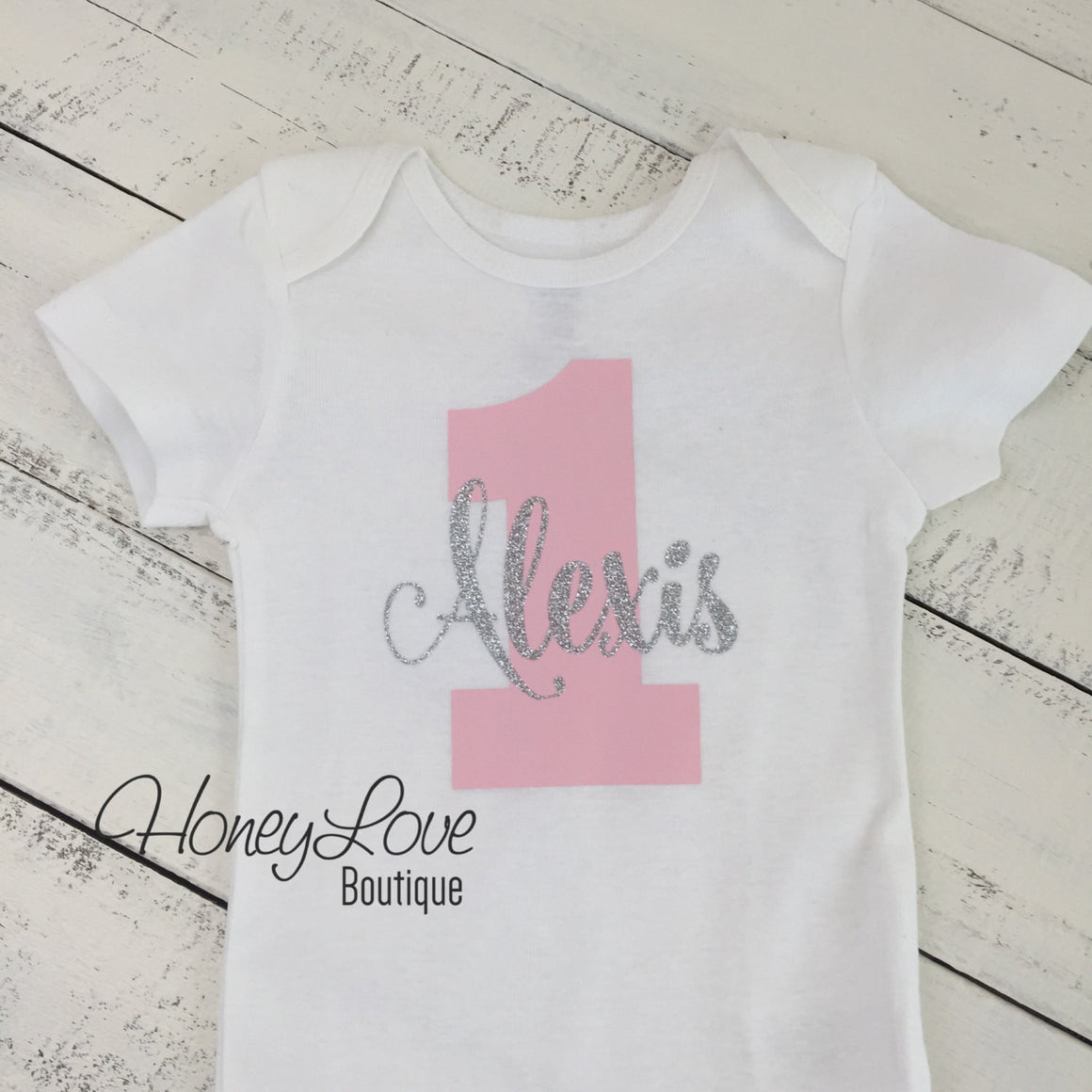 Personalized 1st Birthday Outfit - Silver/Gold glitter and Coral Pink - HoneyLoveBoutique