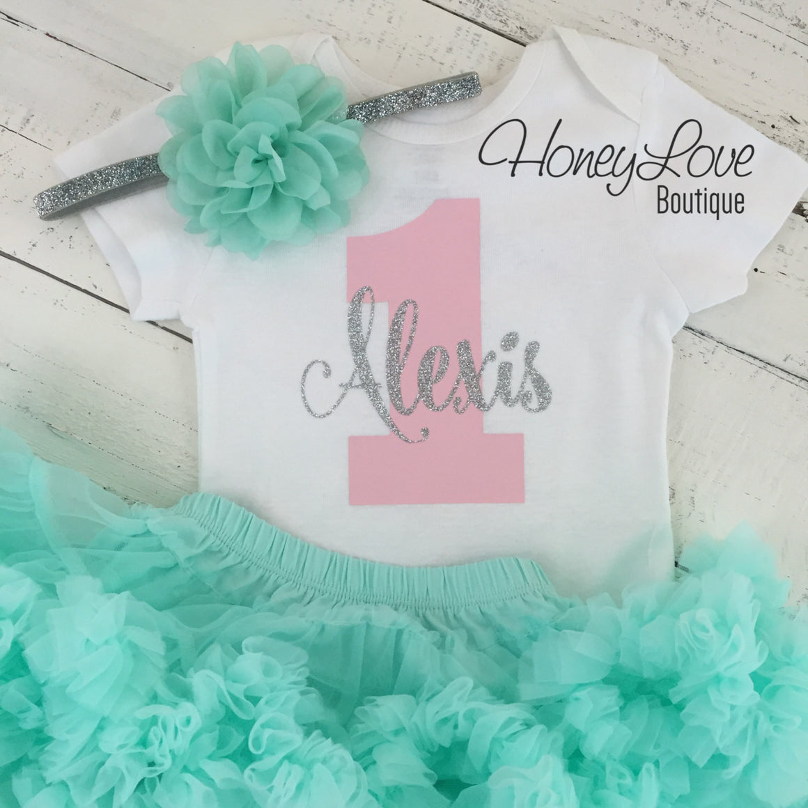 Personalized 1st Birthday Outfit - Silver/Gold glitter, Light Pink and Mint/Aqua - HoneyLoveBoutique