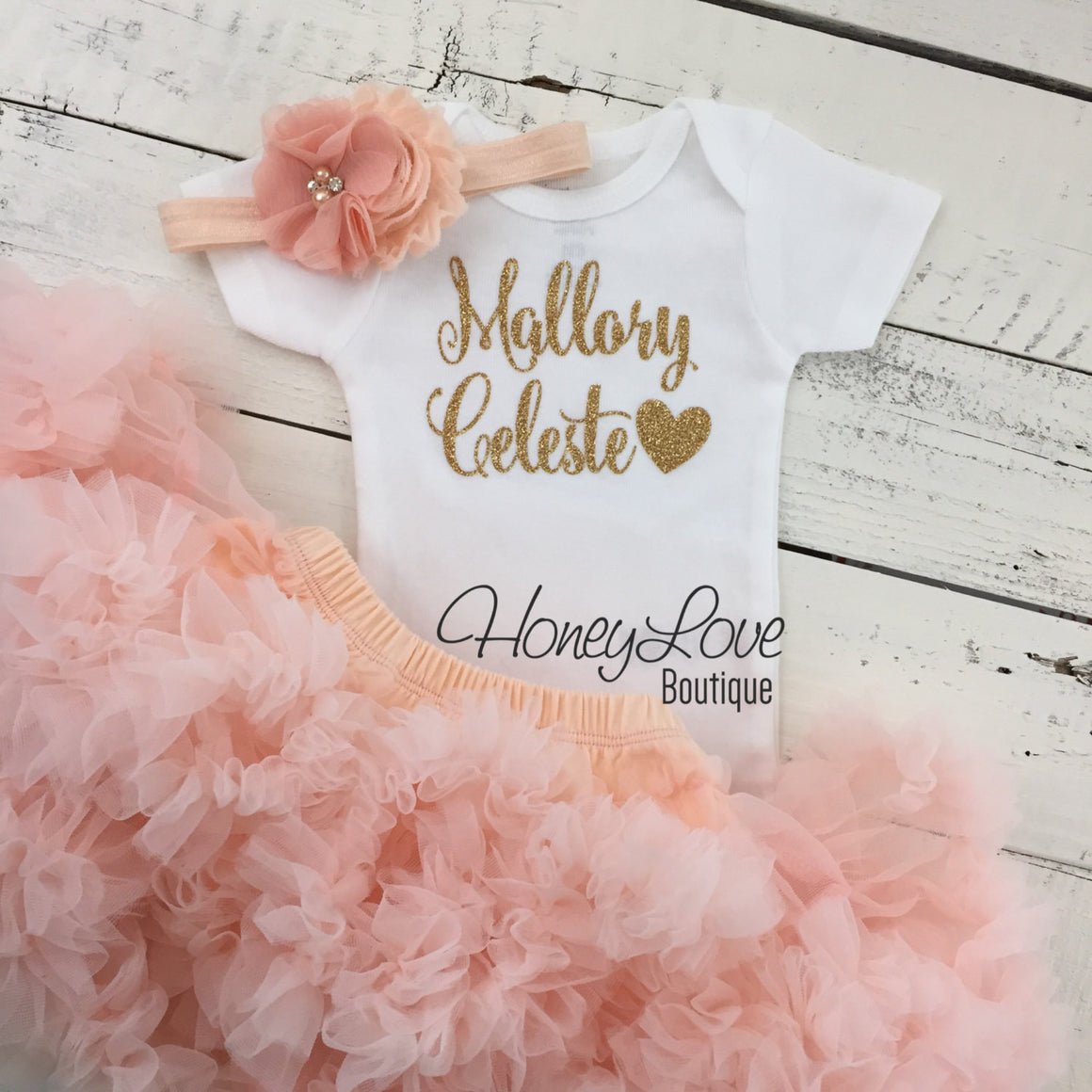 PERSONALIZED Name Outfit - Gold Glitter and Peach Pettiskirt - HoneyLoveBoutique