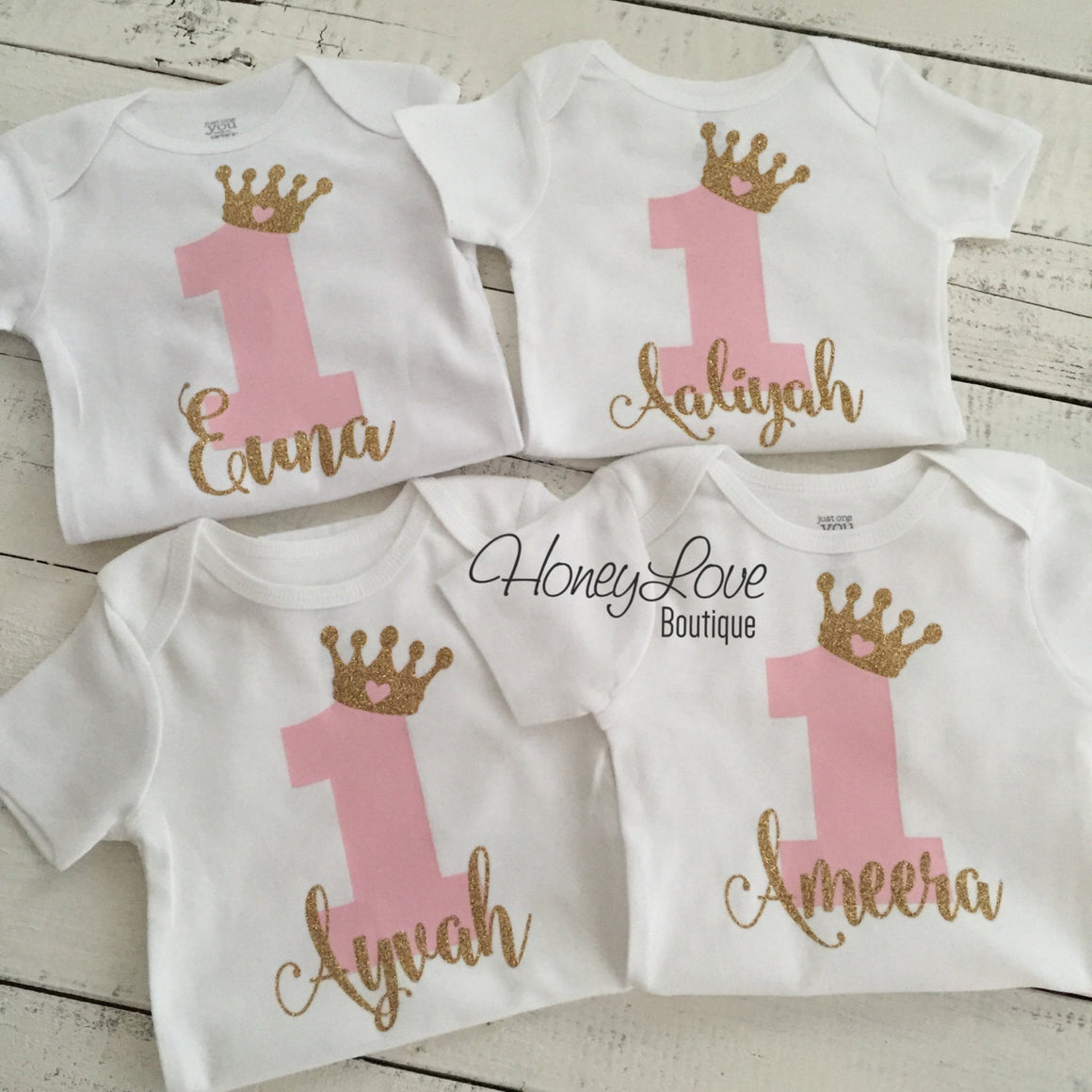 Personalized First Birthday Princess Bodysuit - Light Pink and Silver glitter - HoneyLoveBoutique