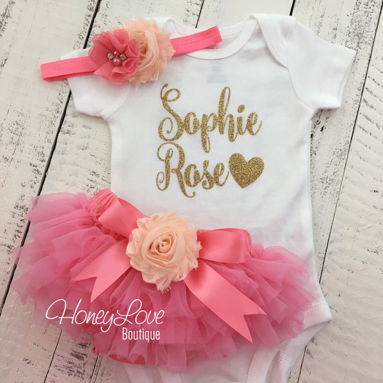 PERSONALIZED Name Outfit - Coral Pink and Gold Glitter - Peach flower embellished tutu skirt bloomers - HoneyLoveBoutique