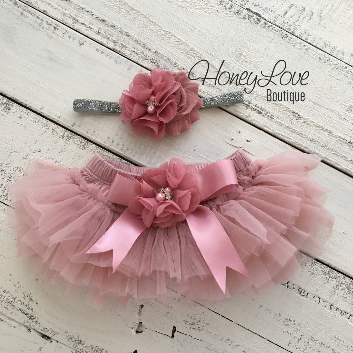 Vintage Pink tutu skirt bloomers and silver glitter headband - embellished bloomers - HoneyLoveBoutique