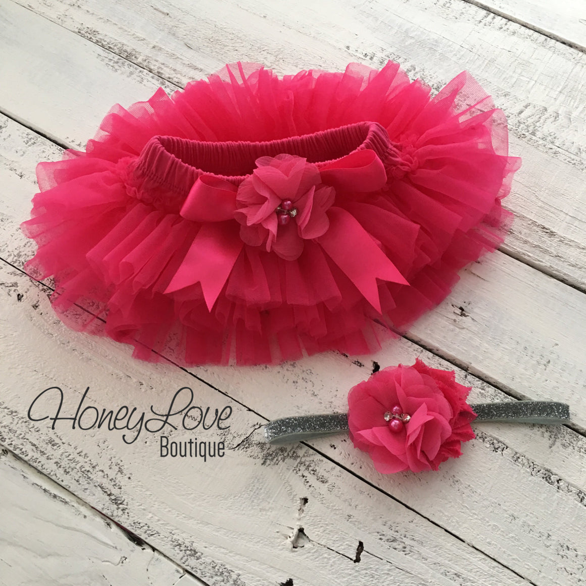 Watermelon Pink tutu skirt bloomers and silver glitter headband - embellished bloomer - HoneyLoveBoutique