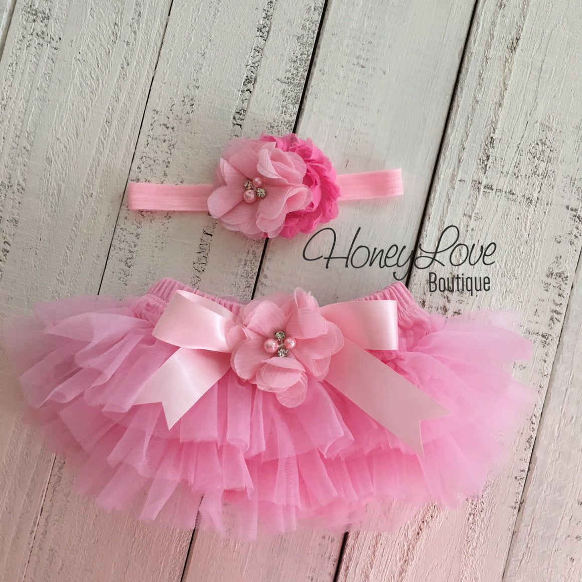 Light Pink tutu skirt bloomers and Light Pink/Bubblegum Pink flower headband - Embellished bloomers - HoneyLoveBoutique