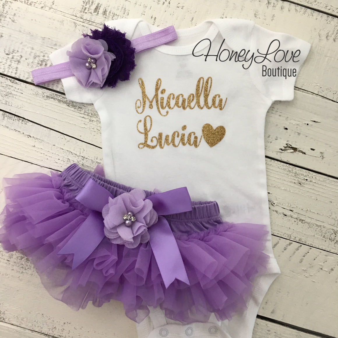 PERSONALIZED Name Outfit - Gold Glitter and Lavender Purple - embellished bloomers - HoneyLoveBoutique