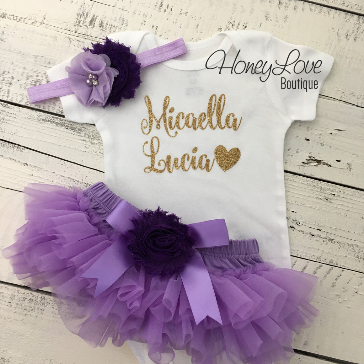 PERSONALIZED Name Outfit - Gold Glitter and Lavender/Grape Purple - embellished bloomers - HoneyLoveBoutique