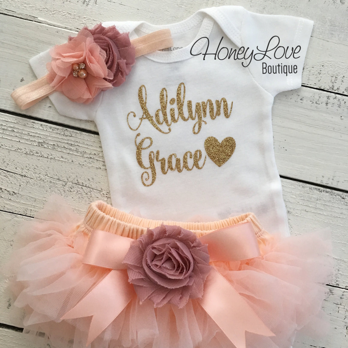 PERSONALIZED Name Outfit - Gold glitter and Peach/Vintage Pink - embellished tutu skirt bloomers - HoneyLoveBoutique