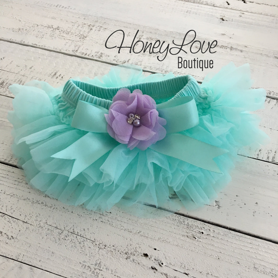 PERSONALIZED Name Outfit - Mint/Aqua and Gold Glitter - Lavender Purple flower embellished tutu skirt bloomers - HoneyLoveBoutique