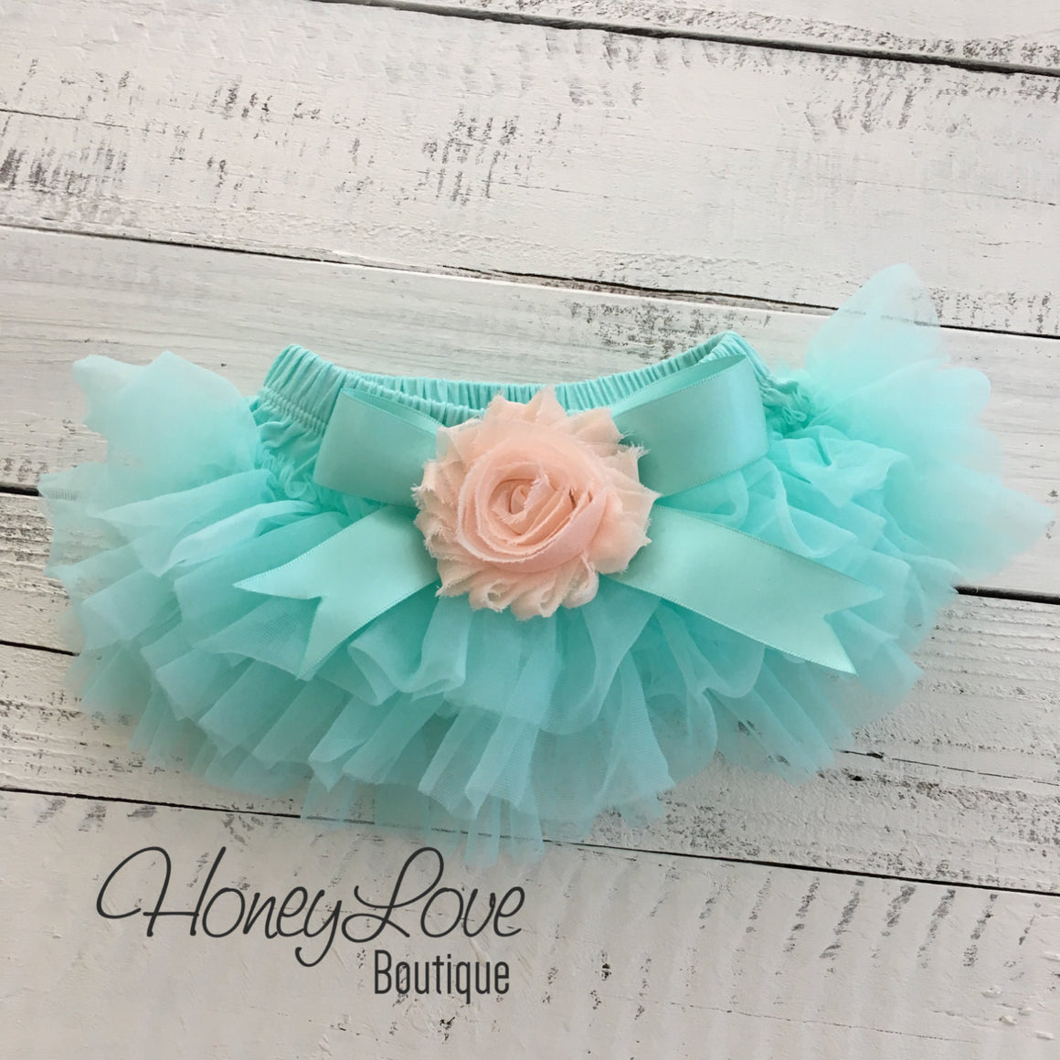 PERSONALIZED Name Outfit - Mint/Aqua and Gold Glitter - Peach flower embellished tutu skirt bloomers - HoneyLoveBoutique