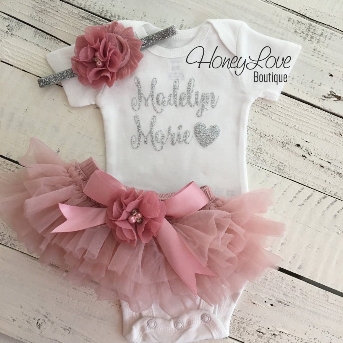 PERSONALIZED Name Outfit - Silver Glitter and Vintage Pink - embellished bloomers - HoneyLoveBoutique