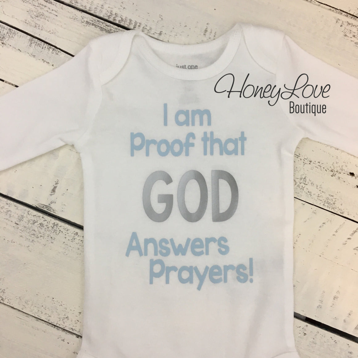 I am Proof that GOD Answers Prayers! Light Blue and Silver - HoneyLoveBoutique