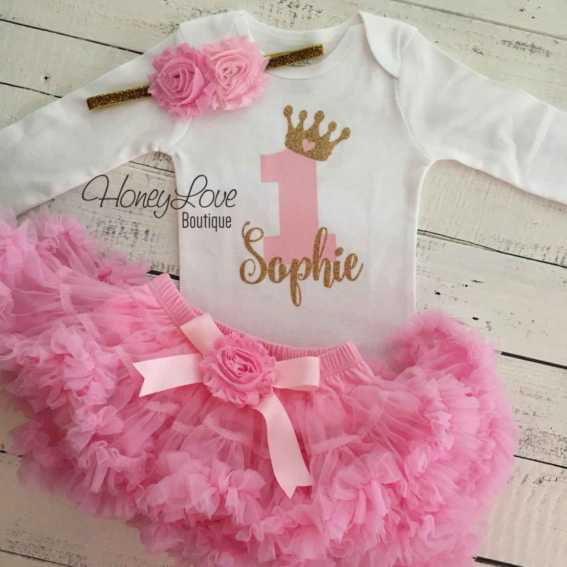 Personalized 1st Birthday Princess outfit - Gold Glitter and Light Pink - embellished pettiskirt - HoneyLoveBoutique