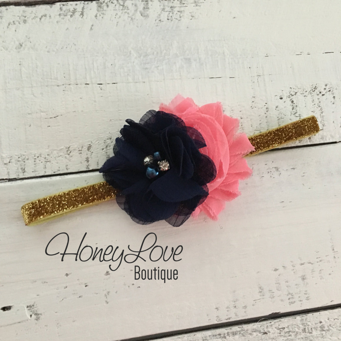 PERSONALIZED Name Outfit - Navy Blue and Gold Glitter - Coral pink shabby flower embellished tutu skirt bloomers - HoneyLoveBoutique