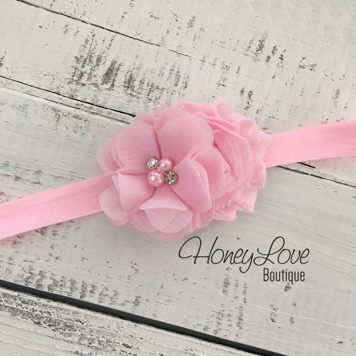 Light Pink shabby chiffon flower rhinestone pearl headband - HoneyLoveBoutique