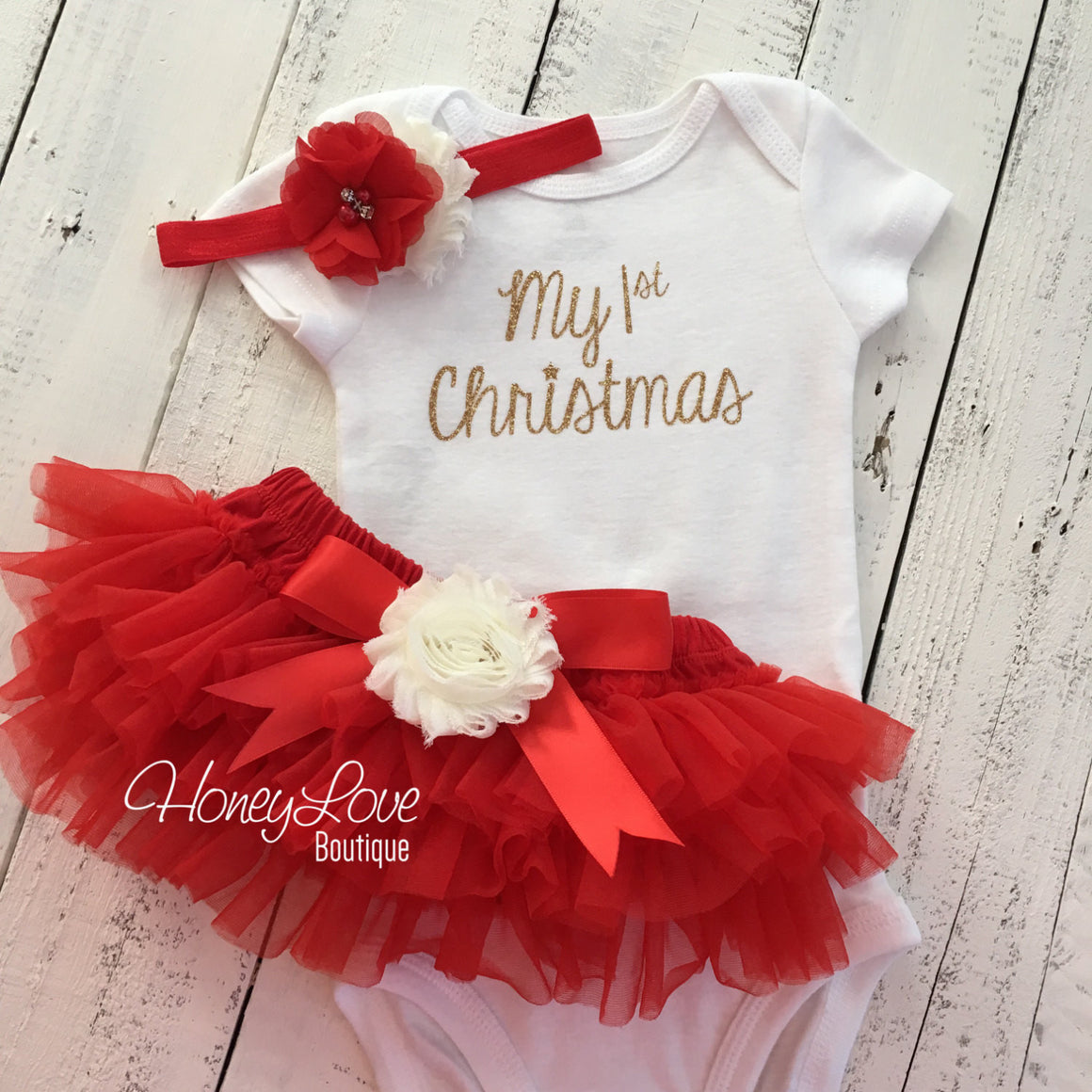 My 1st Christmas Outfit -  Gold/Silver -  Red and Ivory - Embellished tutu skirt bloomers - HoneyLoveBoutique
