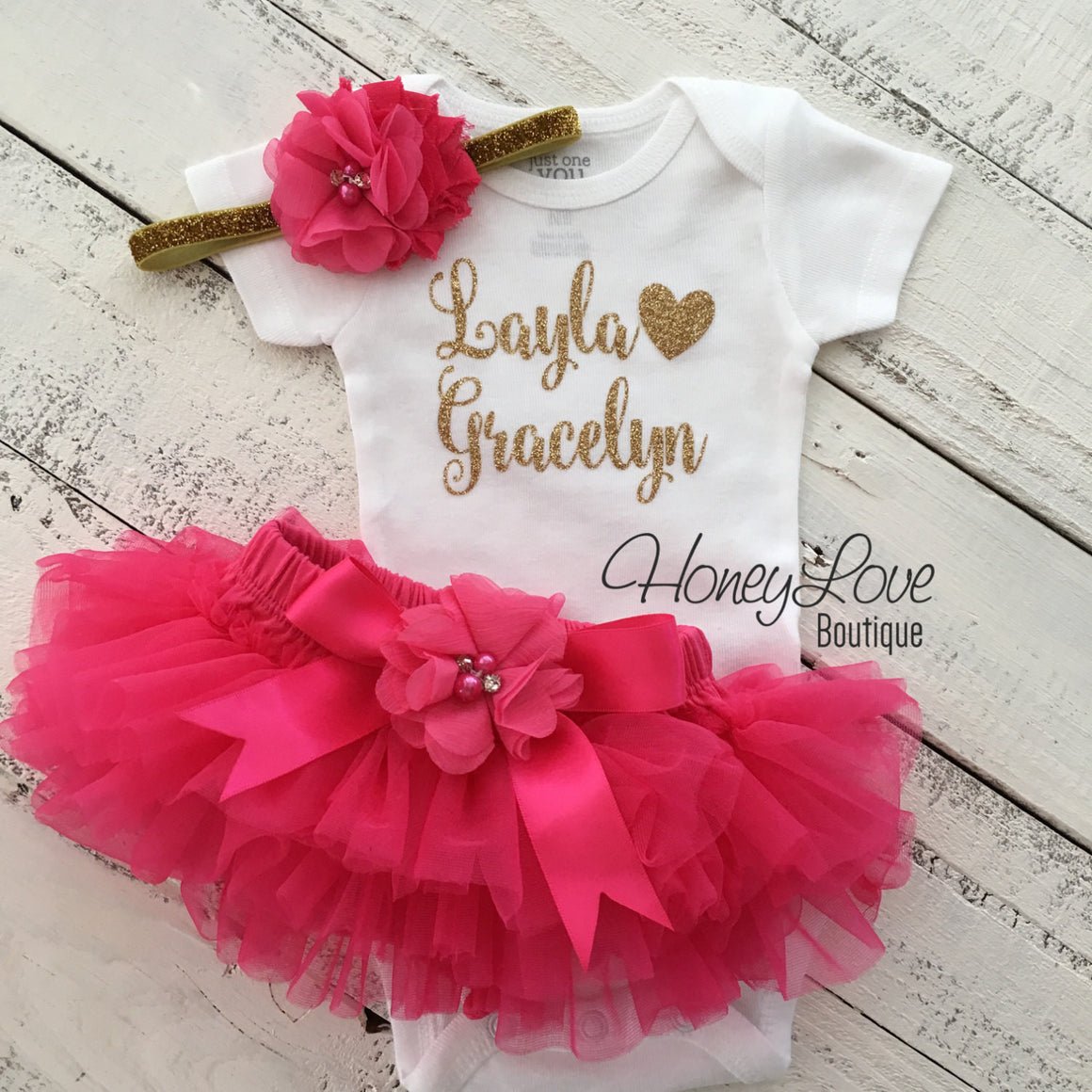 PERSONALIZED Name Outfit - Gold Glitter and Watermelon/Hot Pink - embellished bloomer - HoneyLoveBoutique