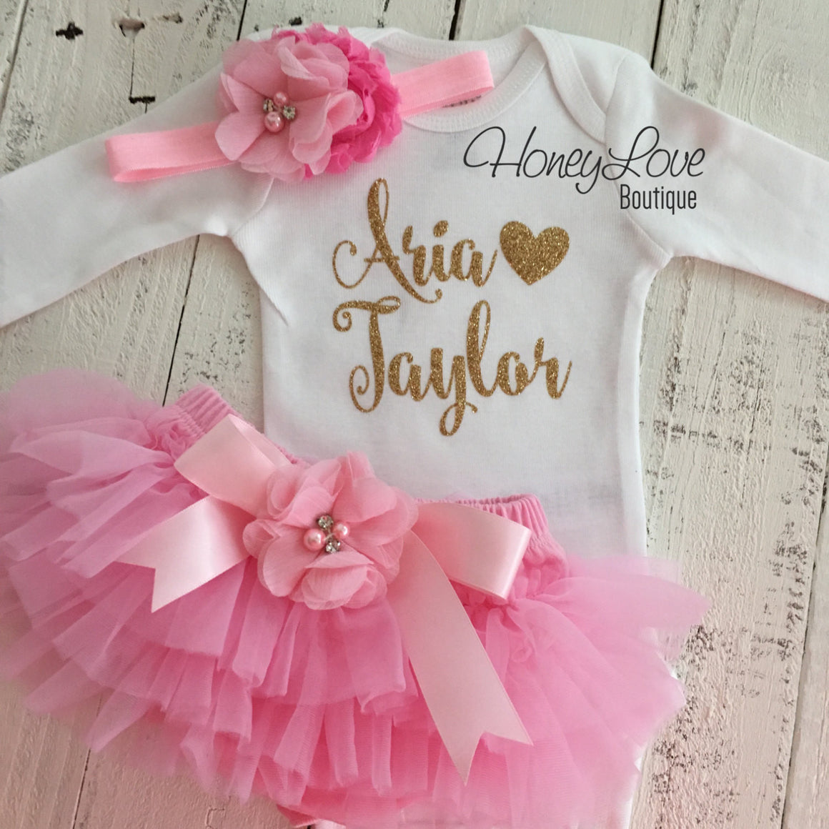 PERSONALIZED Name Outfit - Gold Glitter and Light Pink - Embellished bloomers - HoneyLoveBoutique