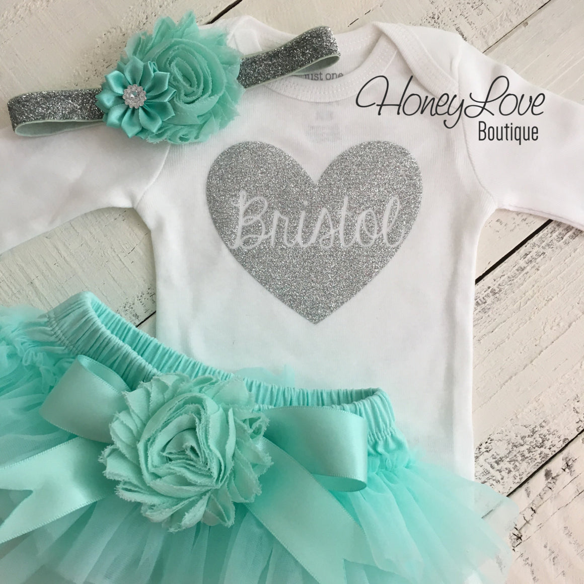 PERSONALIZED Name inside Heart - Silver Glitter and Mint/Aqua - Embellished tutu skirt bloomers - HoneyLoveBoutique