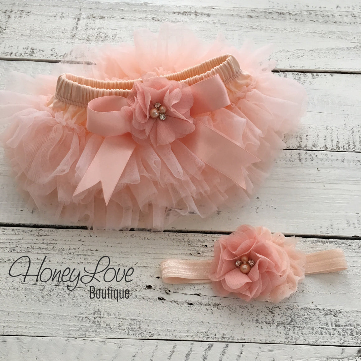 Peach tutu skirt bloomers and headband - Embellished bloomers - HoneyLoveBoutique