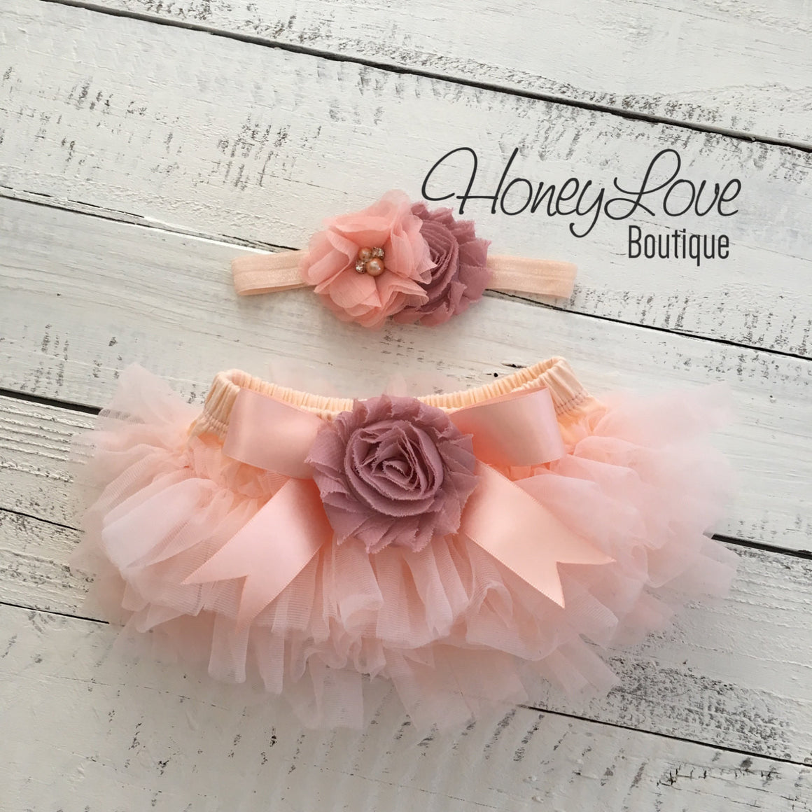 Peach and Vintage Pink tutu skirt bloomers and headband - Embellished bloomers - HoneyLoveBoutique
