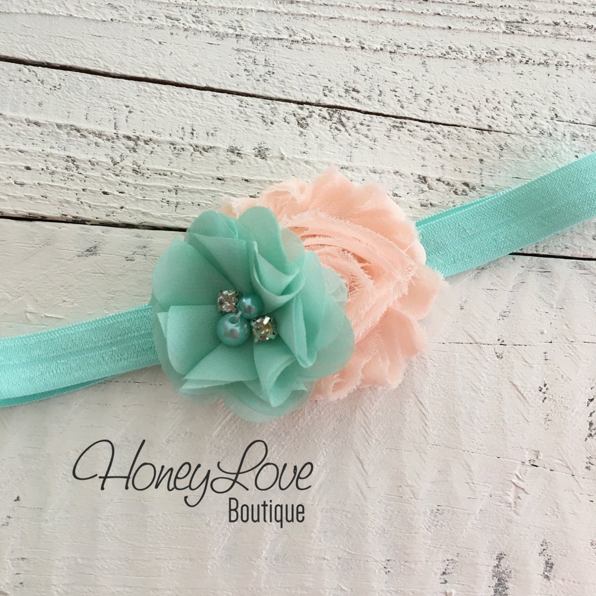Mint/Aqua and Peach flower headband - HoneyLoveBoutique
