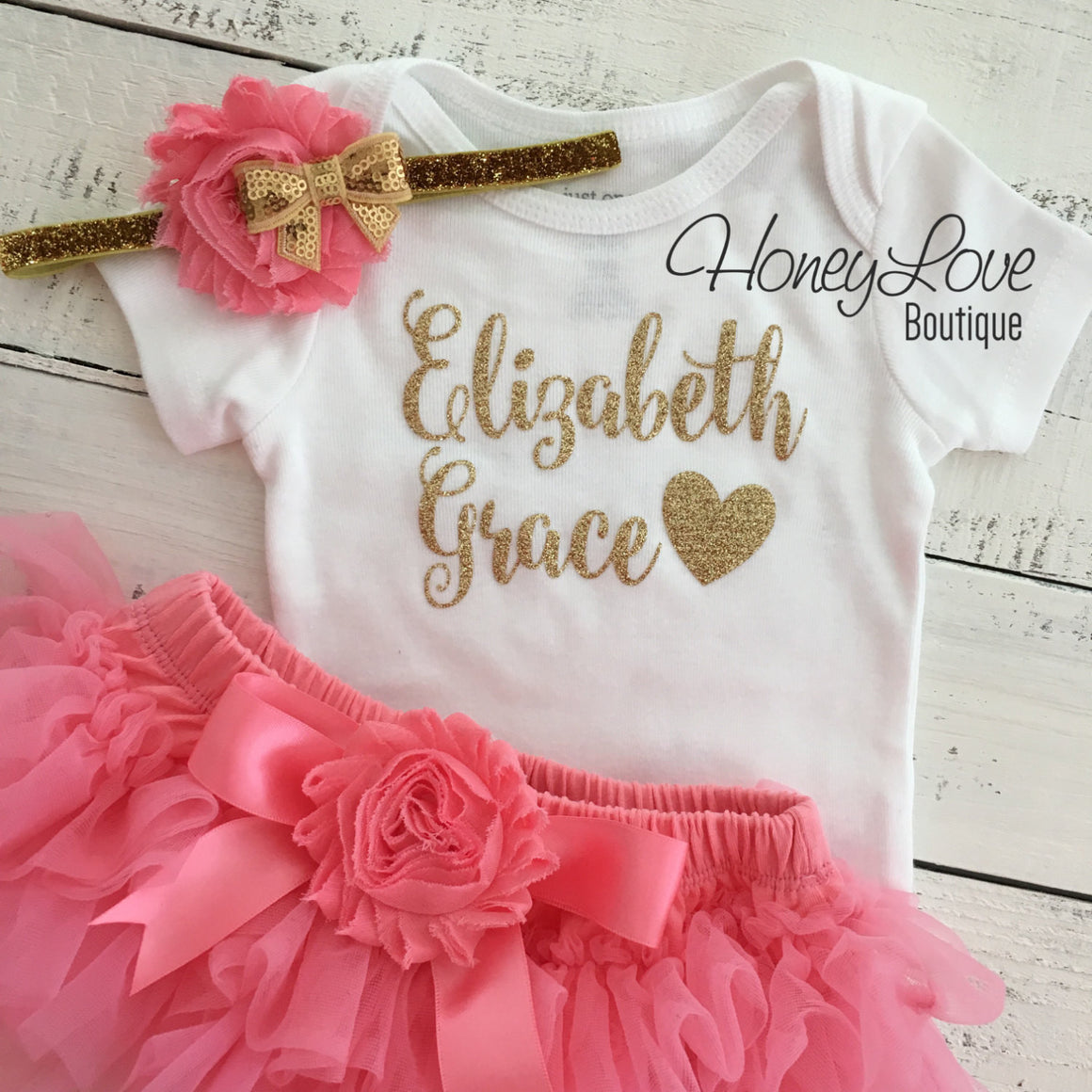 PERSONALIZED Name Outfit - Gold Glitter and Coral Pink - embellished tutu skirt bloomer - HoneyLoveBoutique