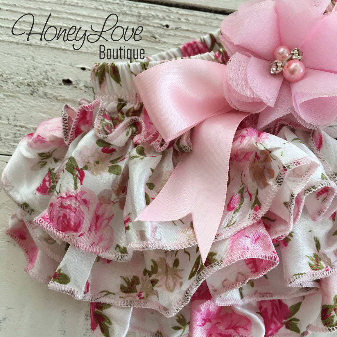 Pink Floral Satin Bloomers - Embellished bow - HoneyLoveBoutique