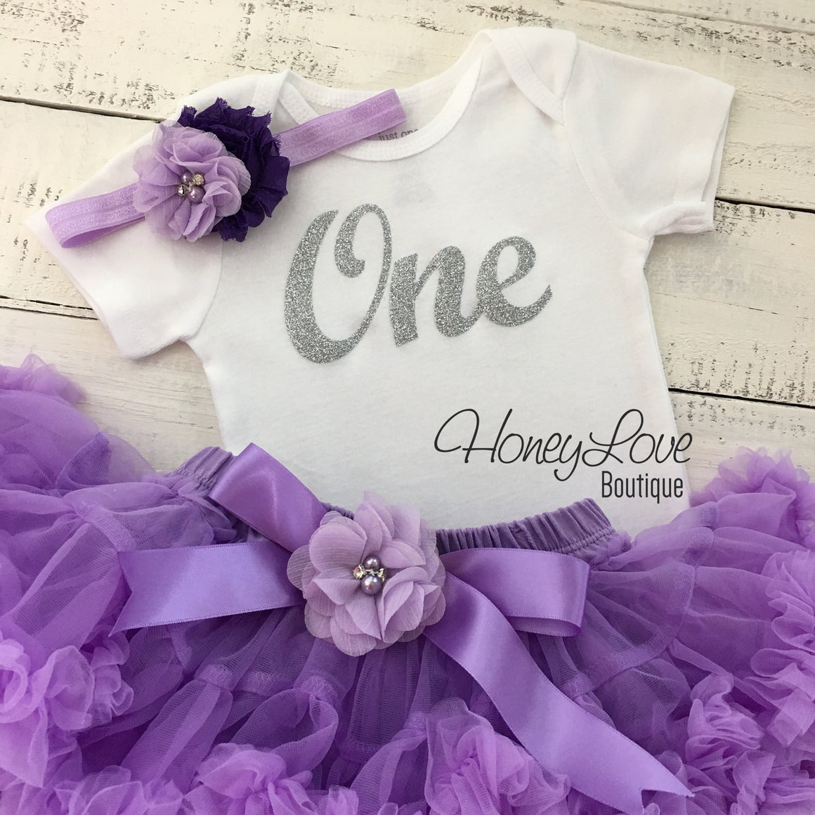 One - Birthday Outfit - Lavender Purple and Silver/Gold Glitter - embellished pettiskirt - HoneyLoveBoutique