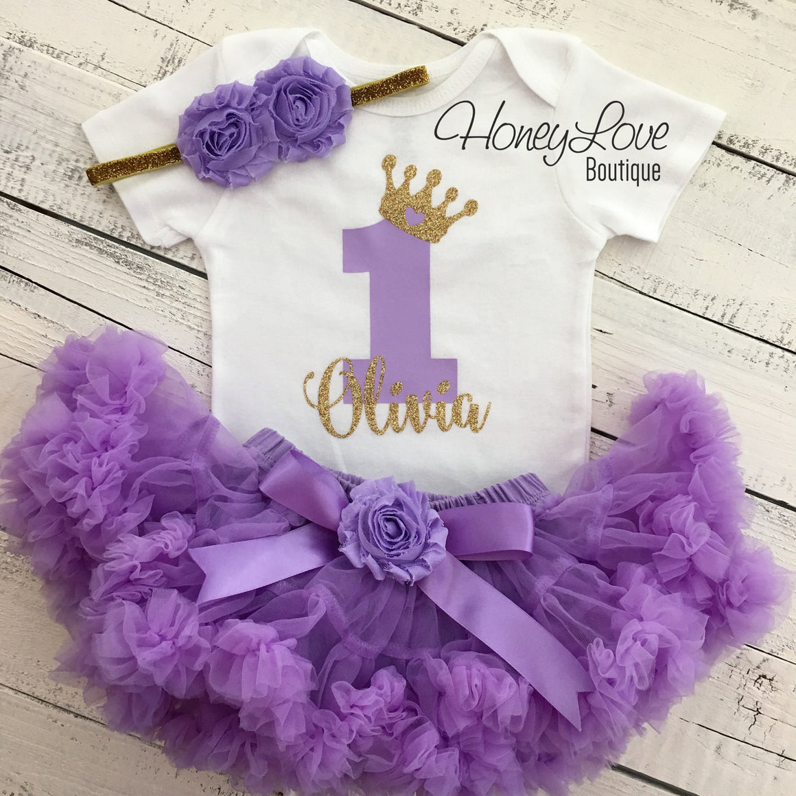 Personalized 1st Birthday Princess outfit - Silver glitter and Lavender Purple - embellished pettiskirt - HoneyLoveBoutique
