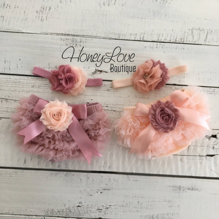 TWIN GIRLS! Peach and Vintage Pink ruffle bottom bloomers and matching headbands - embellished bloomers - HoneyLoveBoutique