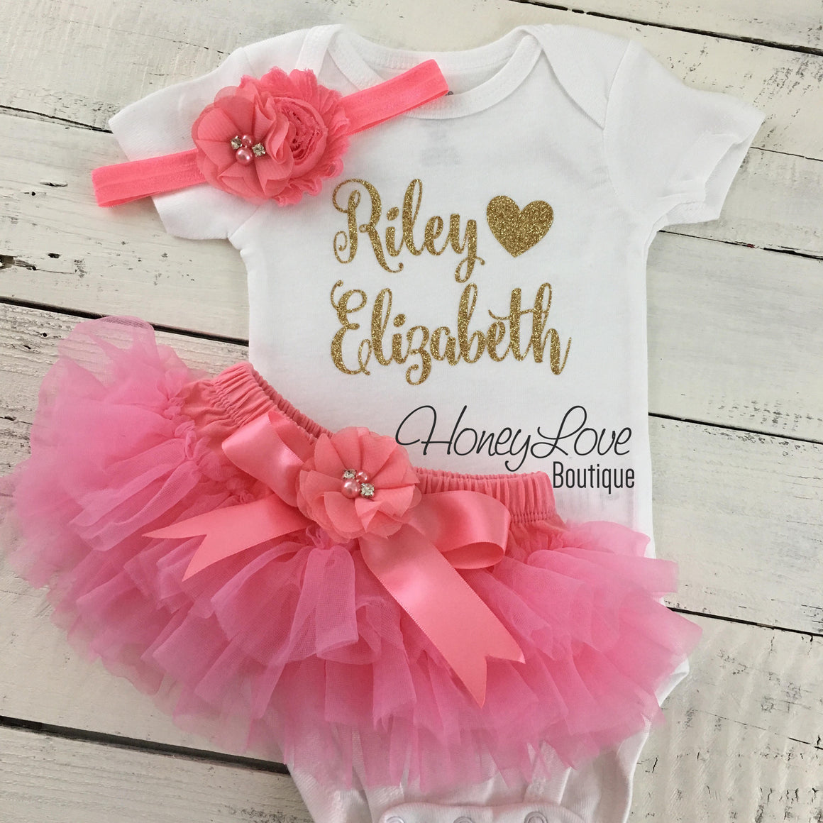 PERSONALIZED Name Outfit - Coral Pink and Gold Glitter - Coral flower embellished tutu skirt bloomers - HoneyLoveBoutique