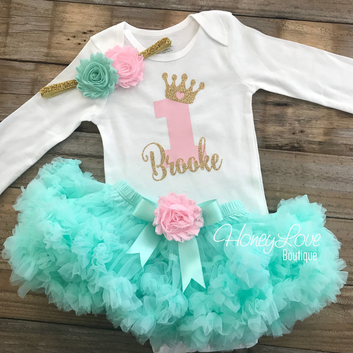 Personalized 1st Birthday Princess Outfit - Gold Glitter, Light Pink and Mint/Aqua - embellished pettiskirt - HoneyLoveBoutique