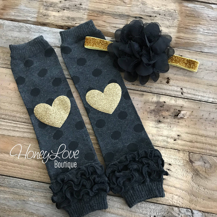 Gray/Black Polka Dot Leg Warmers with Gold Glitter Heart and matching headband - HoneyLoveBoutique