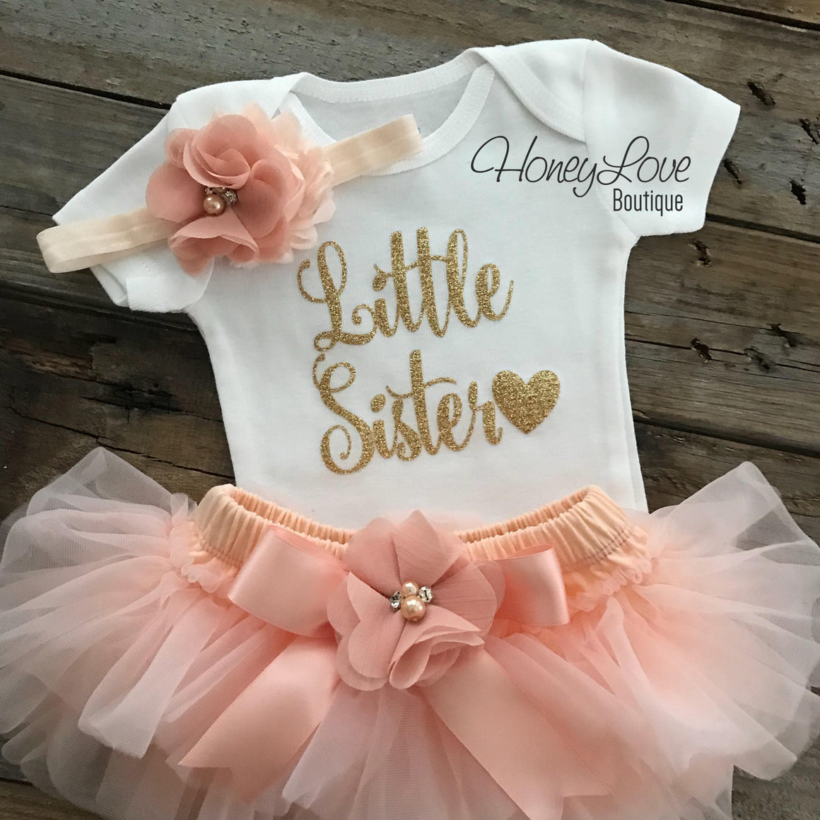 Little Sister - Peach and Gold Glitter - HoneyLoveBoutique