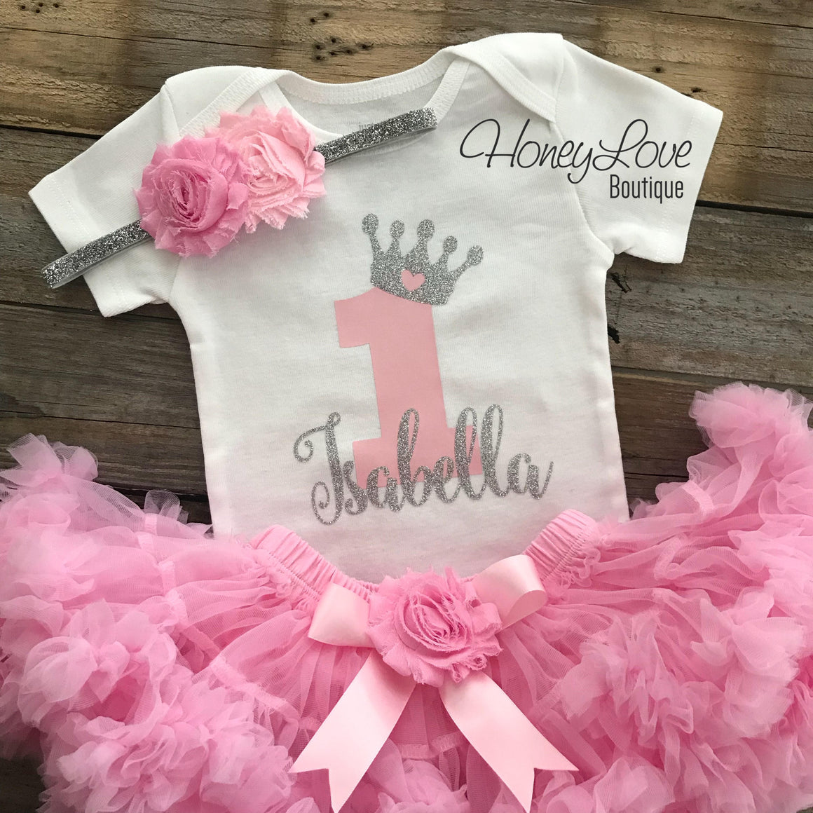 Personalized 1st Birthday Princess outfit - Silver Glitter and Light Pink - embellished pettiskirt - HoneyLoveBoutique