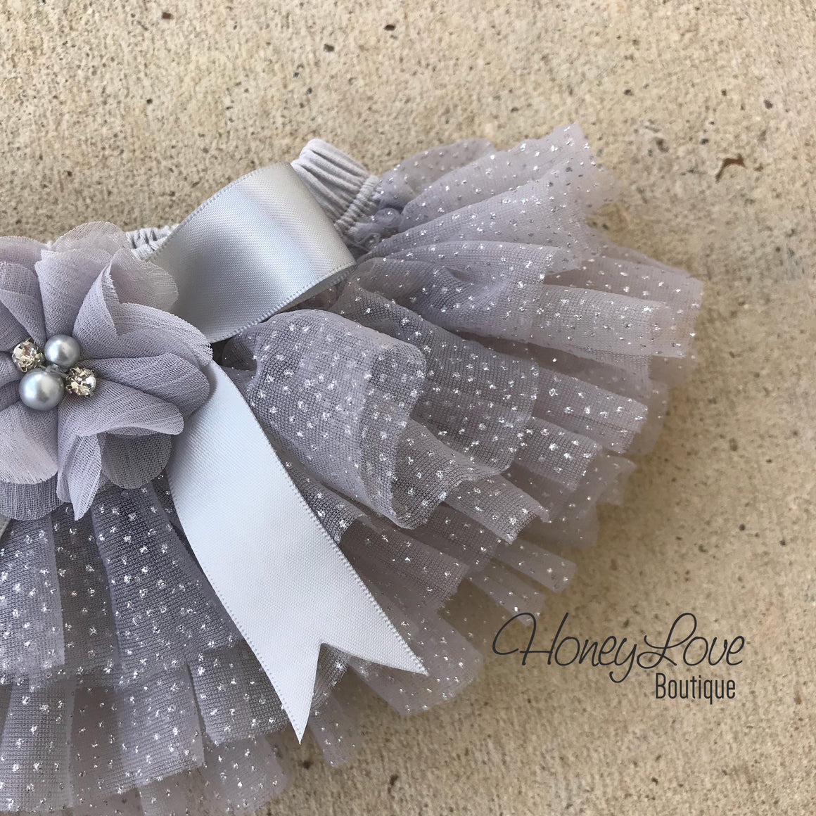 Gray and silver glitter tutu skirt bloomer - embellished flower - HoneyLoveBoutique